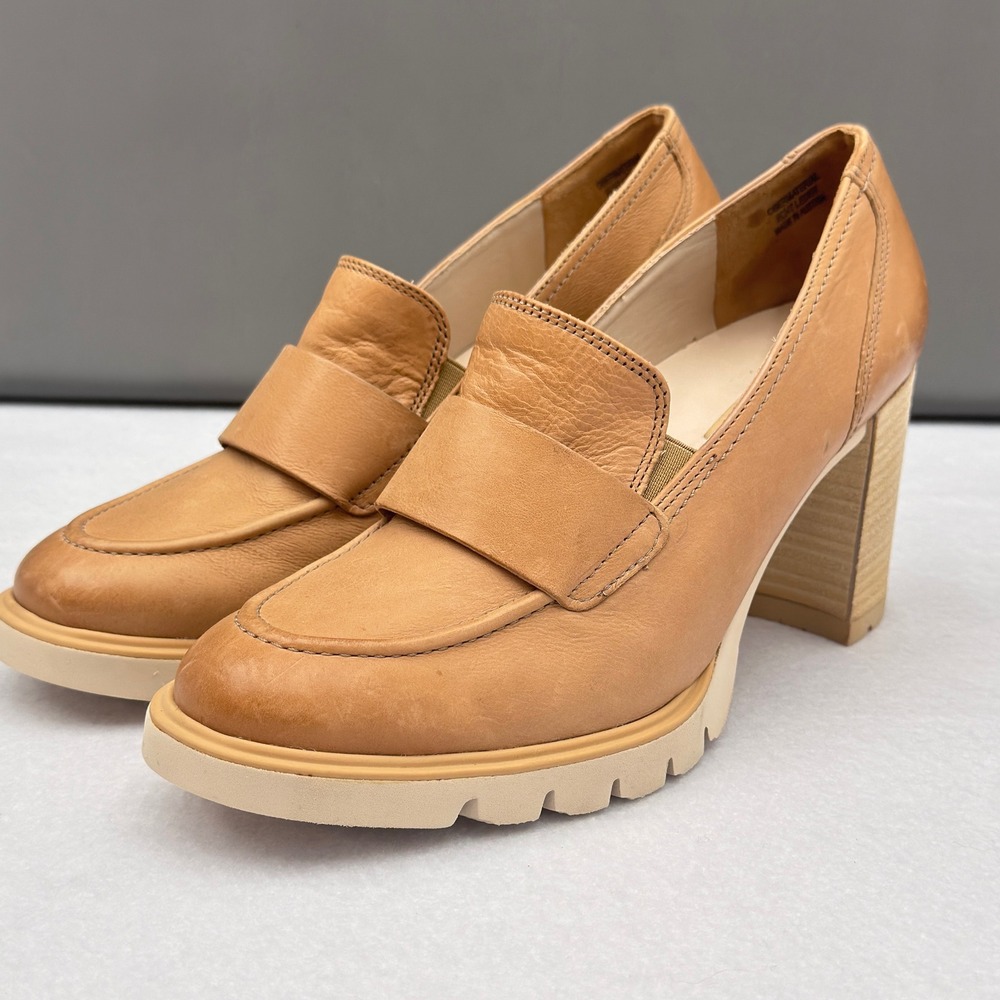 Paul Green Tan Leather Platform Loafer Pumps Lug Sole Block Heel US 8.5 UK 6